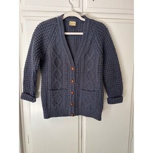 Falcarragh Irish Wool Cardigan Sweater Blue Cable Knit Button Front Womens M